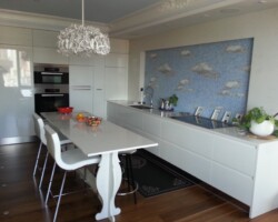 Custom quartz table and countertop.