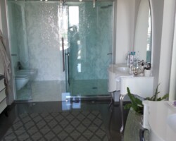 Porcelain floor tiles and mosaic on front wall and floor inside the shower room.