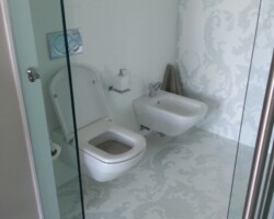 Toilet and bidet are hanging on the wall.