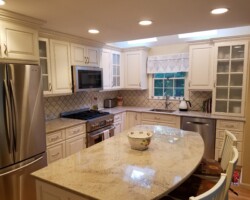 Kitchen island with sitting area.