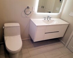 Hanging vanity with big counter space.
