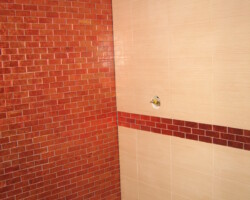 Accent wall and stripe around whole bathroom made of glass tile.
