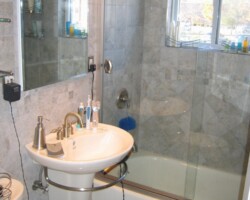 Glass shower door on a tub.