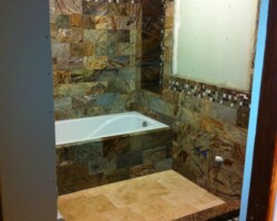 Completely renovated master bathroom with Black Forest marble.