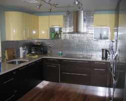 Reshaped kitchen got new cabinets and appliances.